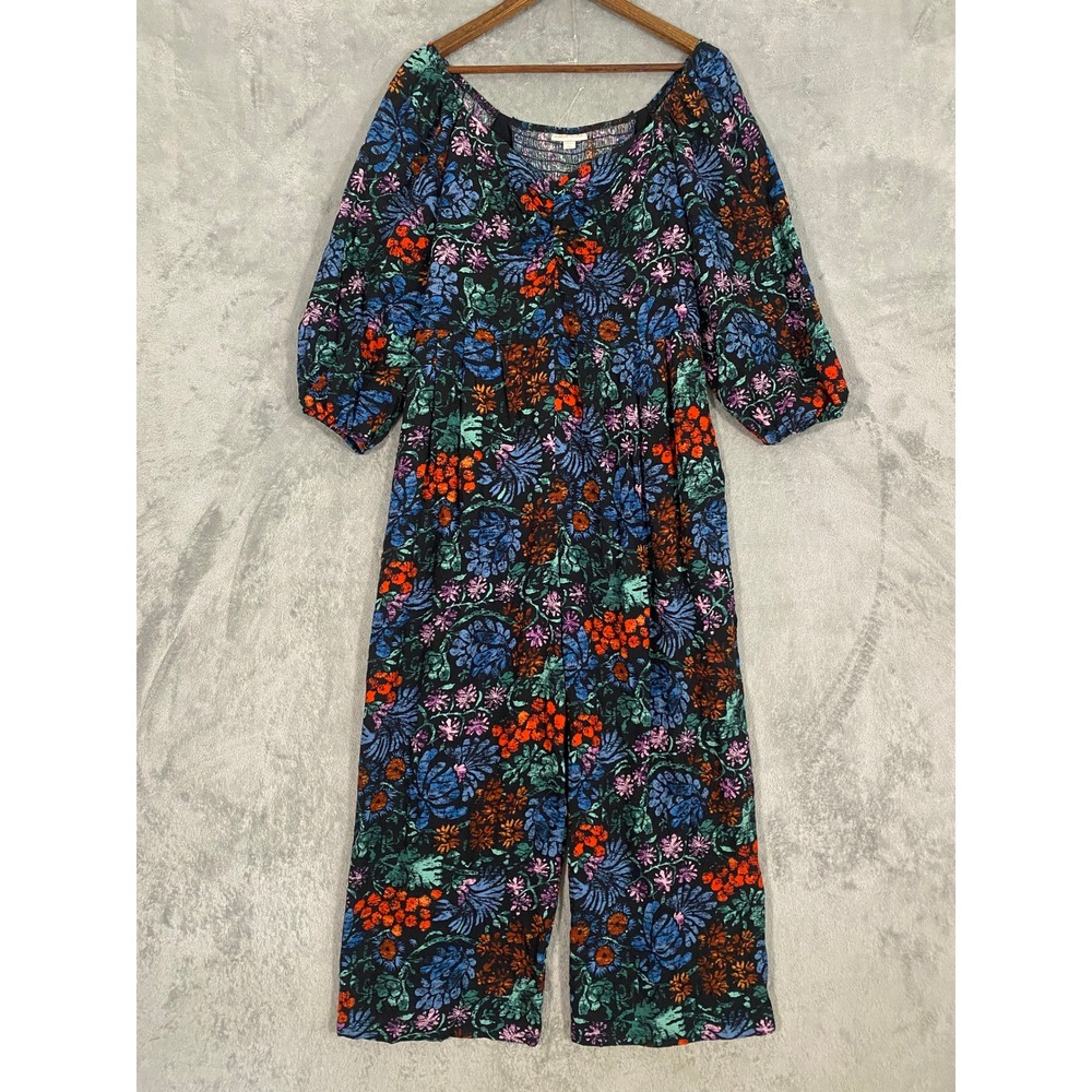 Knox Rose Jumpsuit Sz L Black Floral Boho Wide Leg Balloon Sleeve Pockets Artsy
